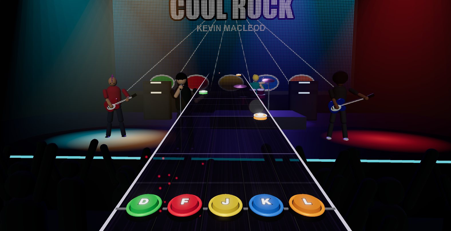 Fretline gameplay: a band on stage behind a five-lane note highway